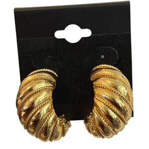 St. John Gold-Tone Ribbed Swirl Half-Hoop Clip-back Earrings, Vintage